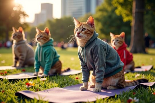 Feline Friends in Hoodies: Cats Join Outdoor Yoga Class in Urban Park, Embracing Health and Relaxation for Summer.