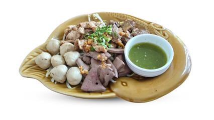 A Thai-style boiled pork platter featuring a variety of tender pork cuts including sliced pork,...