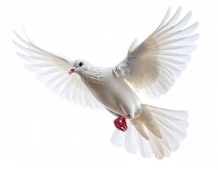 Obraz premium White dove gracefully soaring, wings outstretched, feathers illuminated, isolated against a bright backdrop, a symbol of serenity and freedom