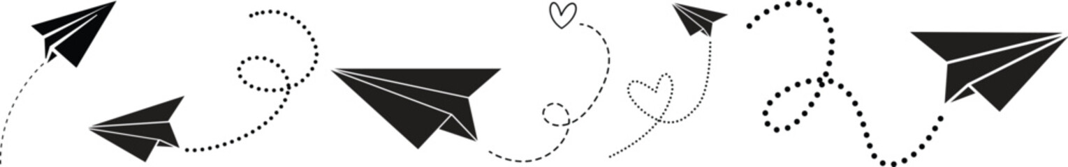 Vector set of hand drawn doodle paper airplane isolated on white background. Line icon symbol of travel and route. Vector icon.Paper plane with dotted line, Origami paper airplane, Travel symbol,
