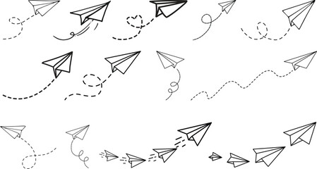 Vector set of hand drawn doodle paper airplane isolated on white background. Line icon symbol of travel and route. Vector icon.Paper plane with dotted line, Origami paper airplane, Travel symbol,