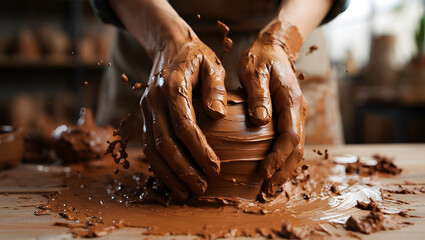 Hands covered in wet clay shaping a pot on a pottery wheel image photo