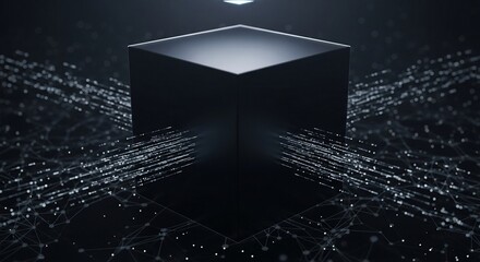 Digital Network Data Flowing Into A Dark Futuristic Cube Concept