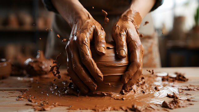 Hands covered in wet clay shaping a pot on a pottery wheel image photo