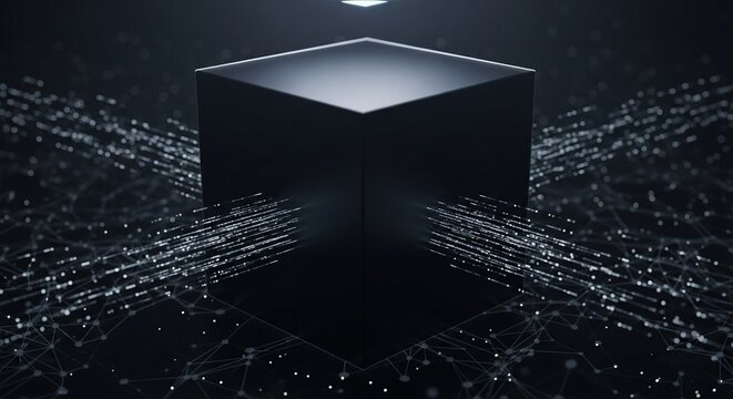 Digital Network Data Flowing Into A Dark Futuristic Cube Concept - Powered by Adobe