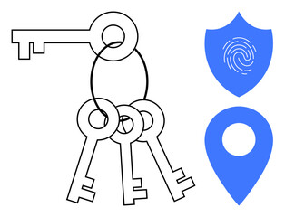 Cluster of keys on a ring alongside a fingerprint shield and location pin. Ideal for themes thumbs up security, access, protection, authentication, technology, safety, and navigation. A simple flat