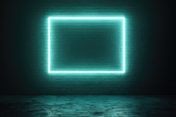 Glowing Neon Square Frame on Dark Brick Wall and Shiny Floor with Reflected Light Abstract Architecture Design