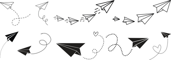 Vector set of hand drawn doodle paper airplane isolated on white background. Line icon symbol of travel and route. Vector icon.Paper plane with dotted line, Origami paper airplane, Travel symbol, © Vector Store