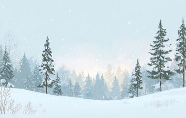 Obraz premium Serene winterscape with snow-covered pines and deciduous trees, under a soft, hazy sky with gentle snowfall