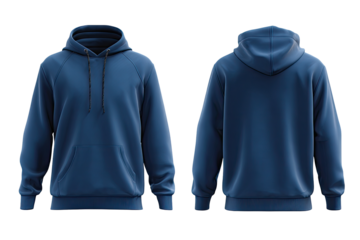 Front and back view of a navy blue hoodie