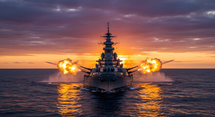Fototapeta premium Battleship Guns Firing Under Sunset Colors of War Power and Might