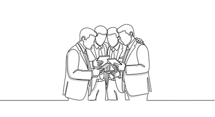 Continuous line drawing of four businessmen collaborating with digital tablets, symbolizing teamwork and modern business communication.