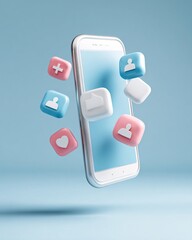 minimalist smartphone floating with glowing social media icons, pastel background, clean copyspace