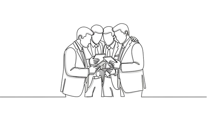 Continuous line drawing of four businessmen collaborating with digital tablets, symbolizing teamwork and modern business communication.