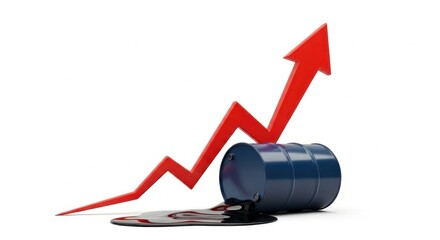 Oil barrel with spilled oil and a red upward trending arrow on a white background