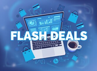 Cyber Monday flat lay with laptop and coffee on blue background