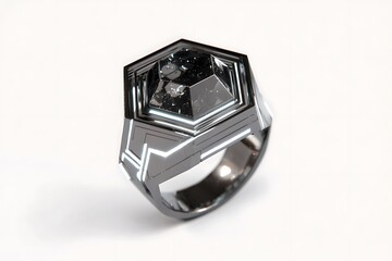 Striking modern hexagonal ring with dark gemstone and illuminated geometric accents, perfect for luxury jewelry design