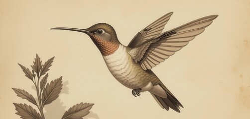 A meticulously detailed hummingbird illustration in sepia tones, evoking a classic ornithological print.