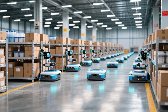 Advanced robots are efficiently transporting packages in a modern warehouse environment, showcasing innovation - Powered by Adobe
