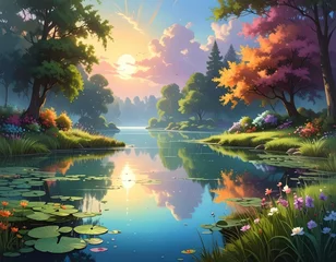 Wanddecoratie Reflectie A serene lake landscape at sunrise, featuring vibrant colors and lush vegetation reflected perfectly in the still water.  © ikhsan