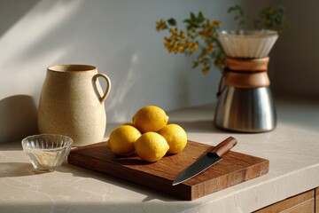 Lemons and a knife on a kitchen counter in sunlight.
