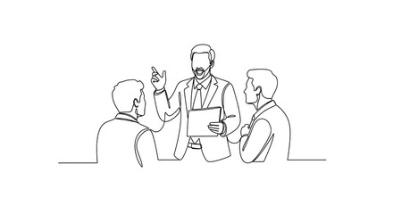 Continuous line art of a business speaker presenting to two colleagues. Ideal for concepts of communication, teamwork, coaching, and corporate meetings.