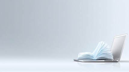 open laptop with holographic book illustration above, minimal e-learning style, clean copyspace