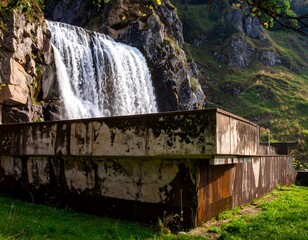 Waterfall cascading into a concrete basin