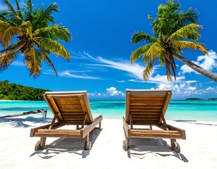 Tropical beach scene with lounge chairs