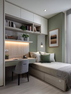 Compact study area with built-in storage and a small bed.