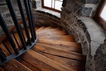 Rustic spiral staircase with wooden steps and stone walls.