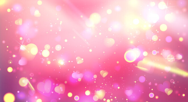 Magical background with floating heart shapes on pink gradient - golden bokeh lights and sparkle effects for romantic mood. Valentine celebration design elements. Dreamy blurred wedding invitation. - Powered by Adobe