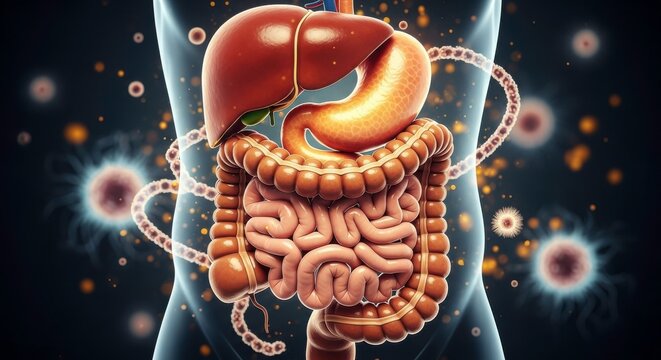 Illustration of the human digestive system with liver stomach and intestines shown