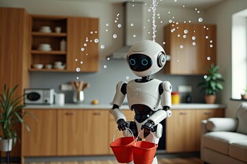 Futuristic Home Emergency: Humanoid Robot with Buckets Catching Leaking Water from Ceiling