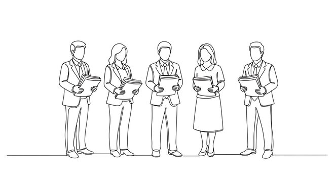 Continuous line drawing of a diverse group of five business professionals in formal attire, each holding documents or folders. Represents teamwork, reporting, or corporate staff.