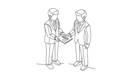 Continuous line drawing of two businessmen exchanging documents, symbolizing a business deal or partnership. Isometric view on a white background.