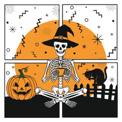 A skeleton in a witch hat meditates with a cup of coffee, surrounded by Halloween decorations including a pumpkin and a black cat.