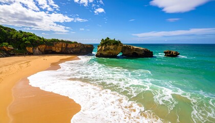 Tropical beach scene with ocean waves and rock formations