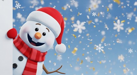 A cheerful 3D snowman in a Santa hat and red scarf peeks from a white banner, surrounded by falling snowflakes and festive confetti against a blue sky. Perfect for winter holidays.
