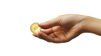 Hand holding a gold coin isolated on white background