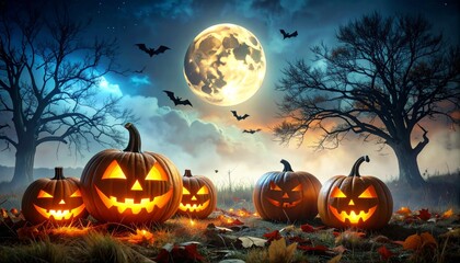 Fototapeta premium Spooky illustration of a black cat silhouette sitting on a glowing pumpkin at a dark autumn night with a scary full moon in the sky