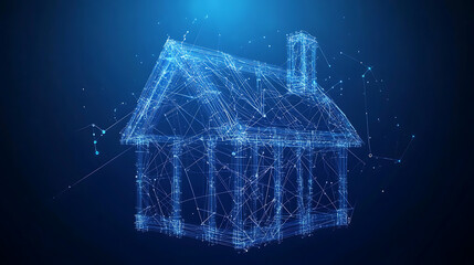Digital wireframe model of a house with glowing blue connections against a dark background