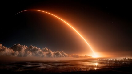 Bright Orange Flame Rocket Launch at Night Above Calm Water