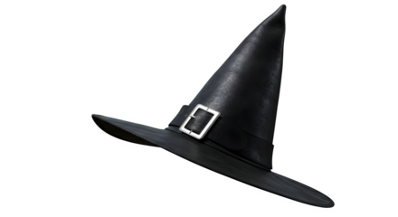 Black leather witch hat has silver buckle detail. Use for Halloween posters, horror-themed branding, or holiday product photography.