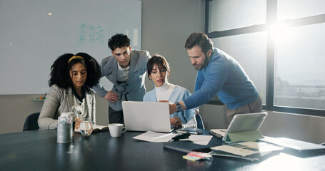 Discussion, laptop and business people in office with planning for creative project in...