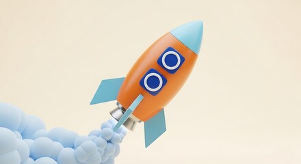 Vibrant 3D rendering of a cartoon rocket launching with blue smoke, symbolizing business growth, startup success, and innovation.