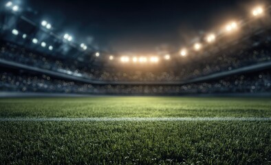 Fototapeta premium Illuminated Stadium Pitch Perspective with Blurred Spectators and Bright Lights