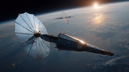 Solar Sail Spacecraft Deploying Enormous Reflective Sails in Orbit