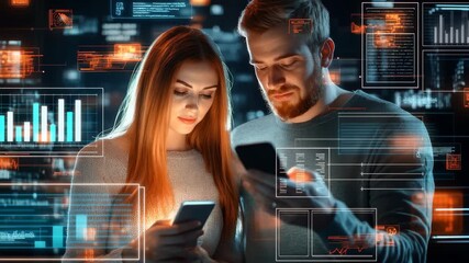 Couple engaged in data processing with digital diagrams in a modern, technology-driven environment, data processing and diagrams over caucasian couple using smartphone - Powered by Adobe