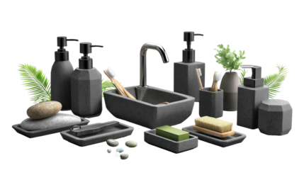 Gray stone-like bathroom accessories, modern design, minimalist